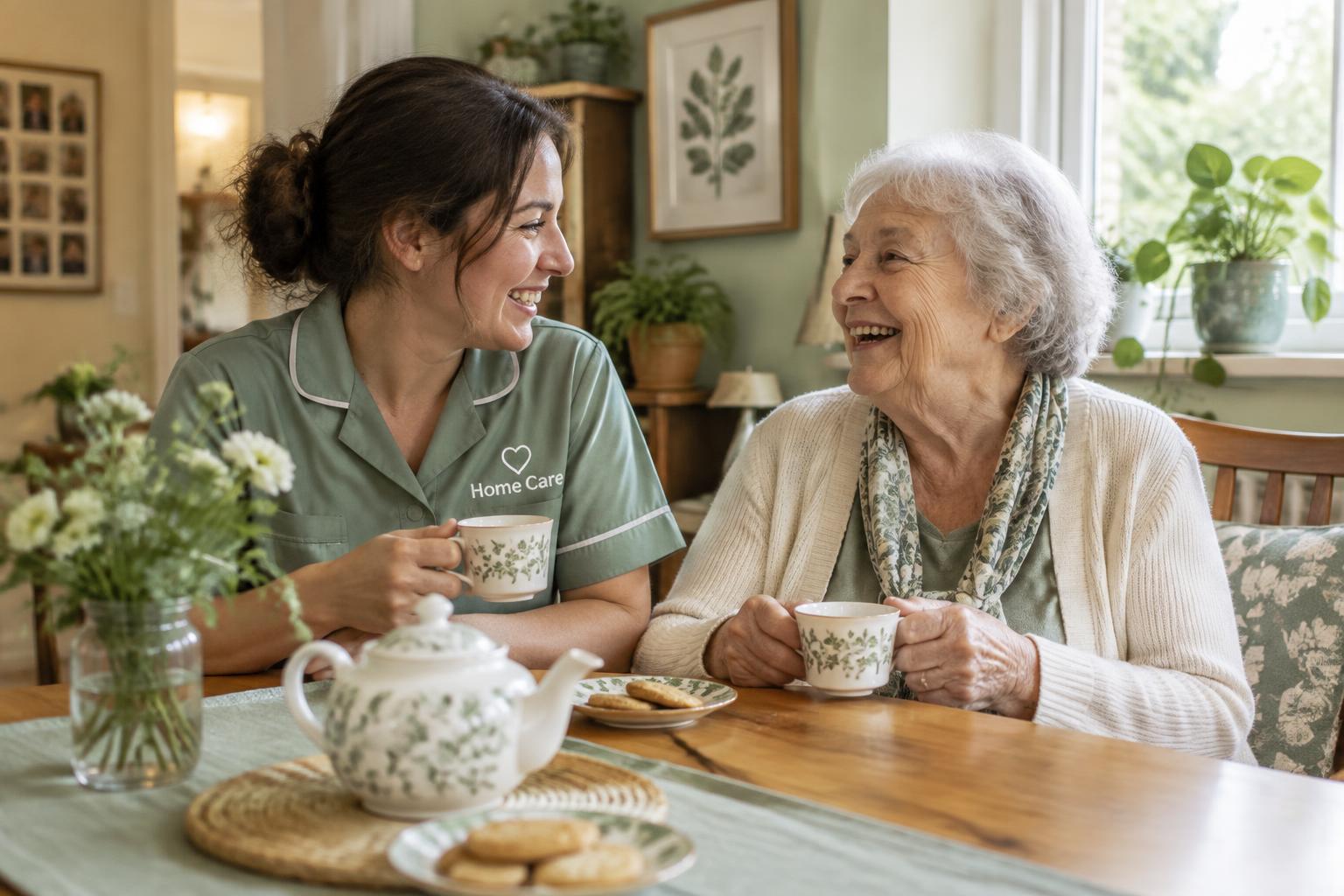 A caregiver sharing tea and laughter with an older woman at a wooden kitchen table