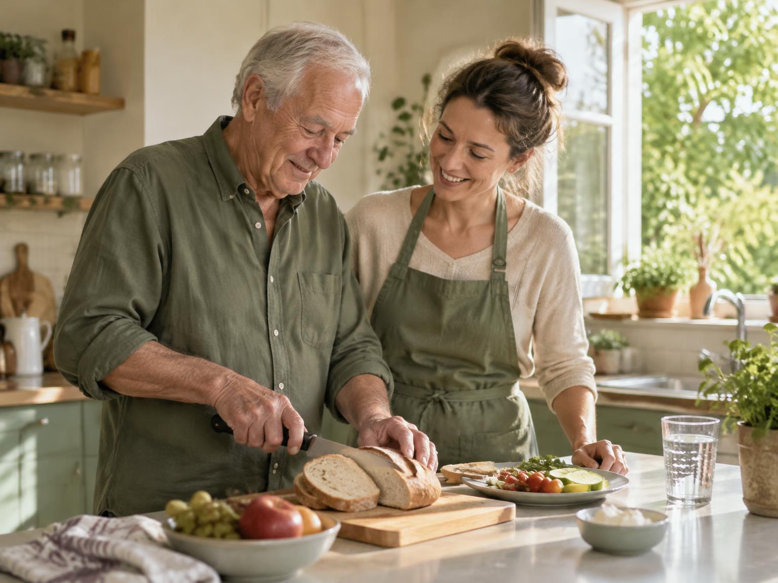 A caregiver and an older man preparing a simple lunch together at a bright kitchen counter