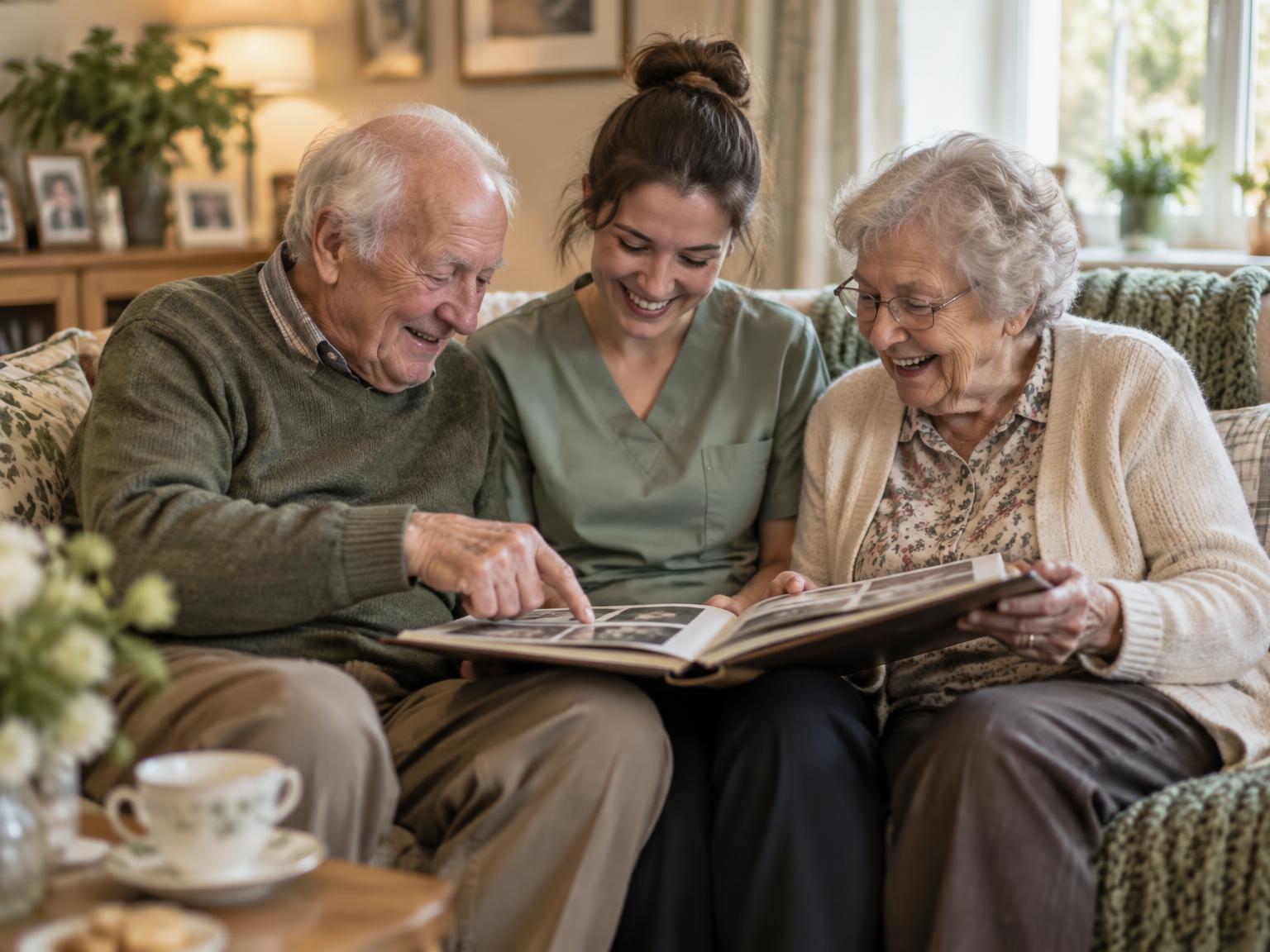 An older couple and their caregiver sitting together on a sofa, laughing over an open photo album